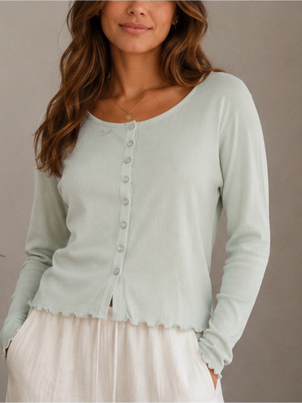One Girl Who Light Sage Scoop Neck Button-Front Long Sleeve Top